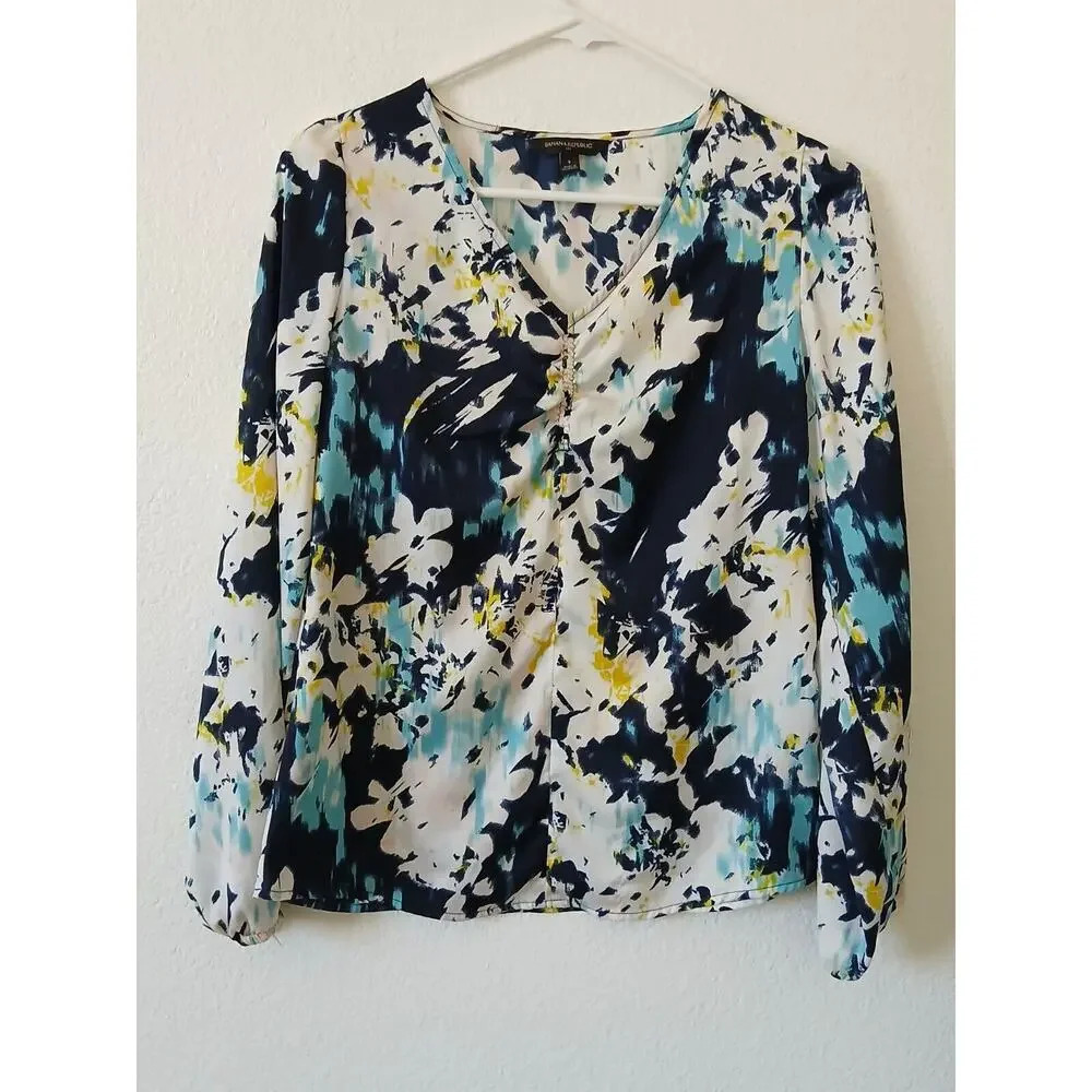 Banana Republic Womens Blouse Adult Small Blue Yellow Flowers‎